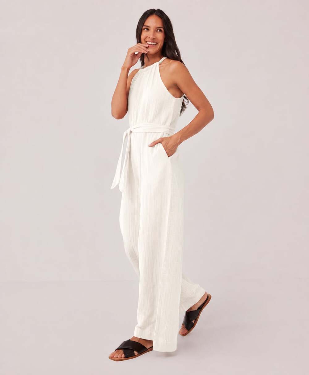 Pact Organic Cotton White Halter Neck Wide Leg Jumpsuit Size L